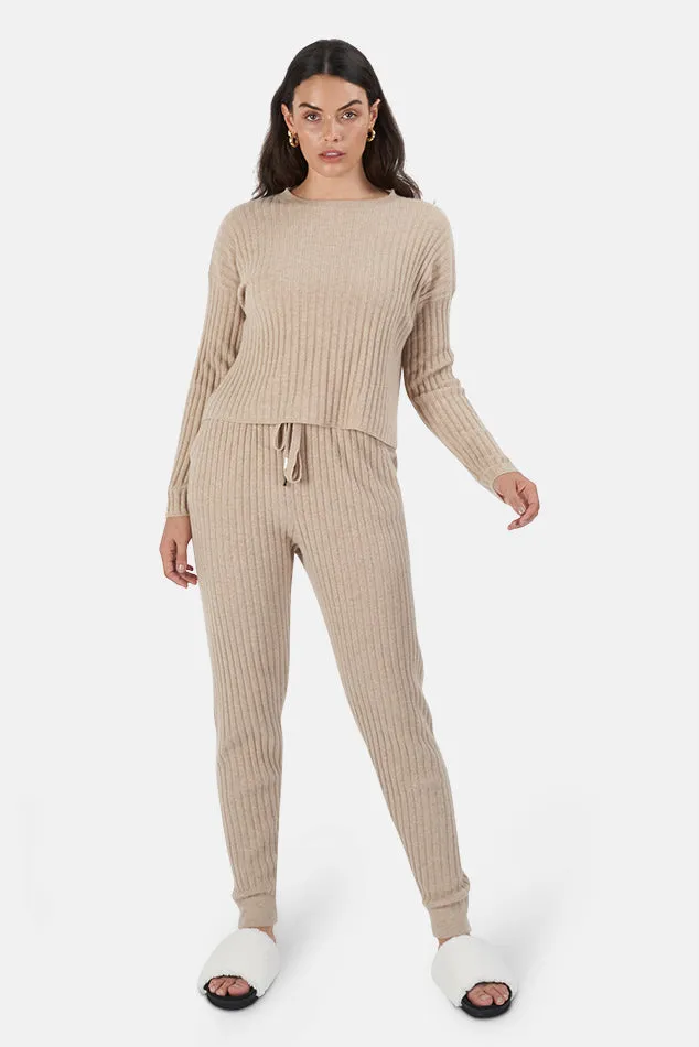 Abbey Lightweight Ribbed Cashmere Pants Beige