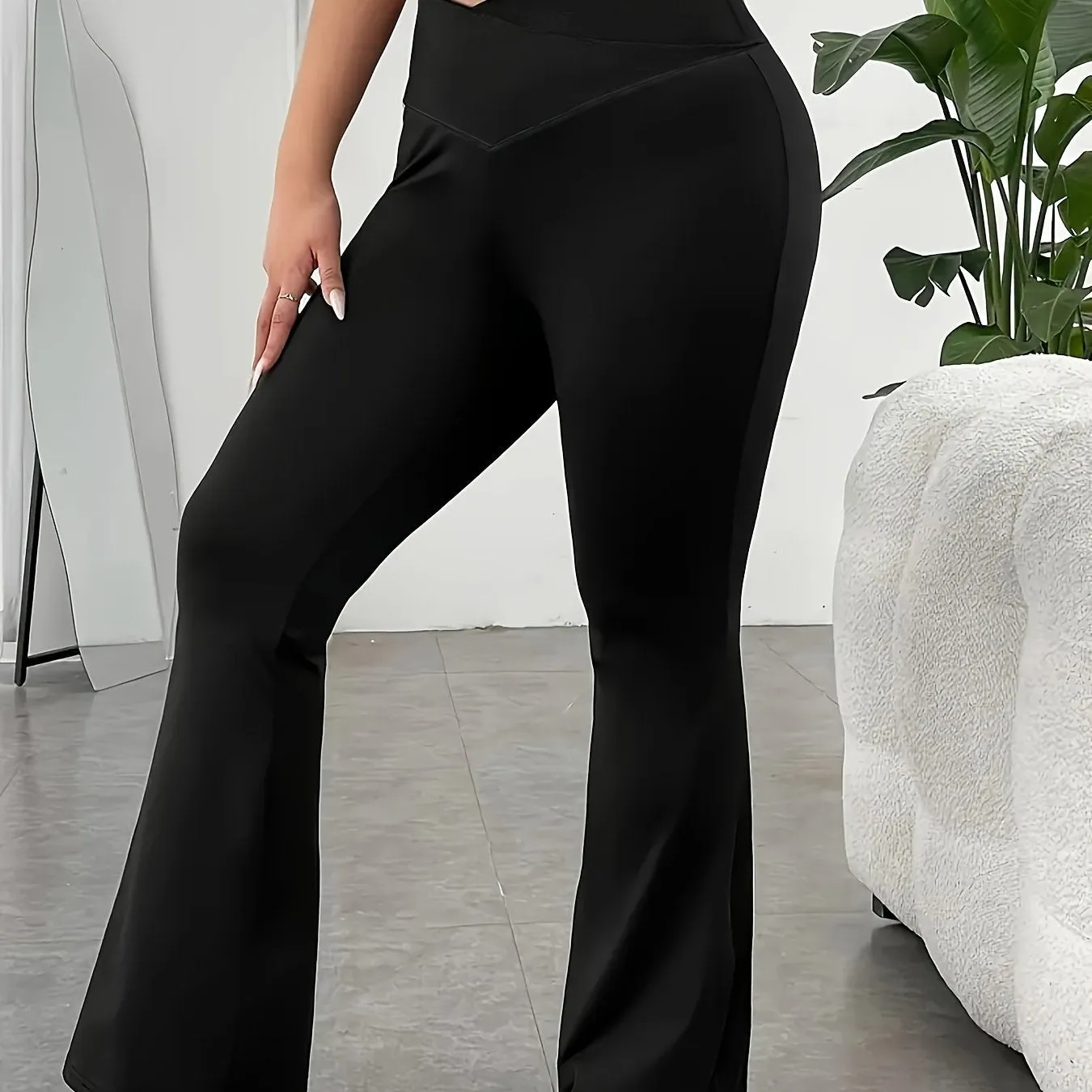 Curves in Motion Plus Size Plain Black Crossover High Waisted Yoga Flare Leg Pants for Comfortable Fitness