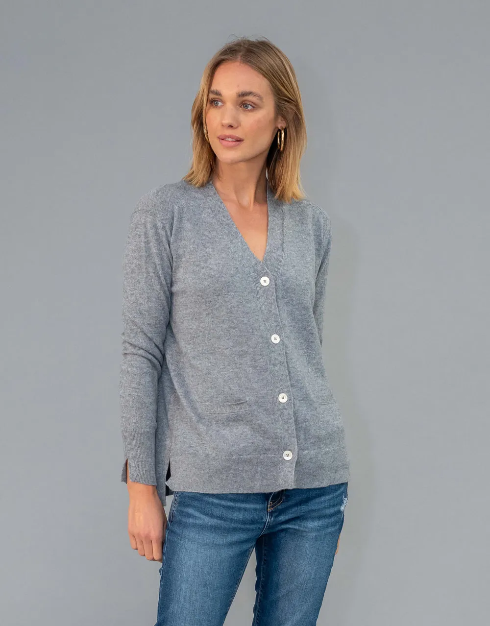 Every Day V Neck Cardigan in Grey Marl