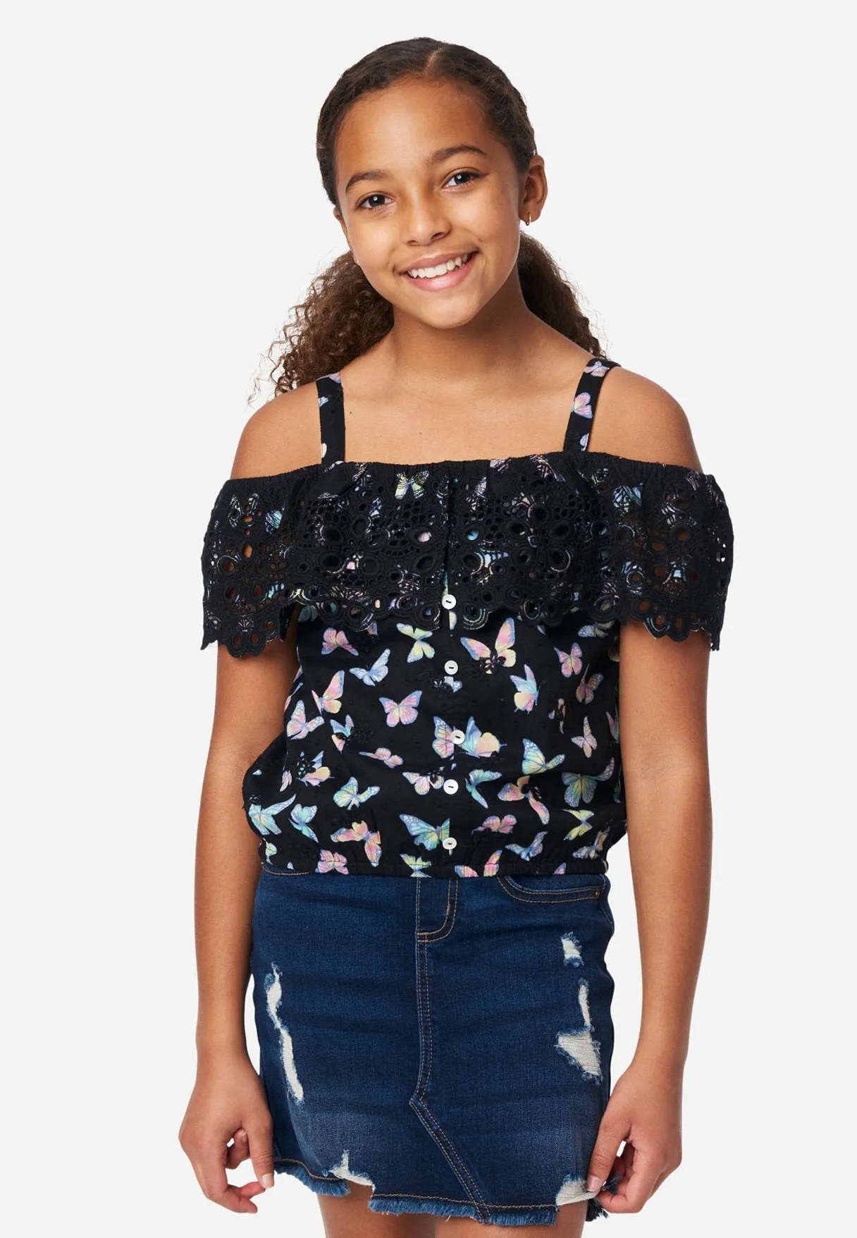 Eyelet Ruffle Button-Up Tank