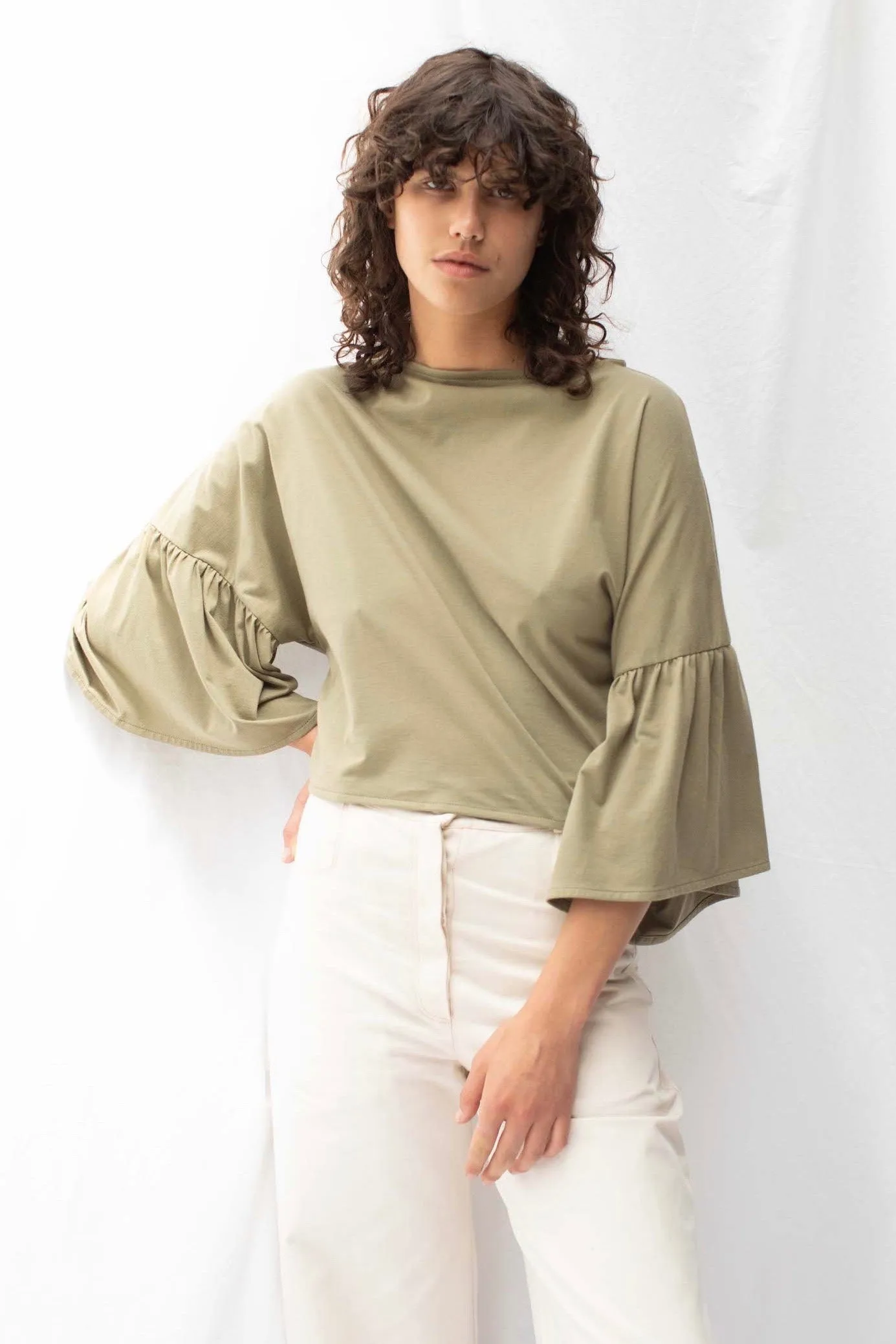 Friday Olive Organic Cotton Frill Sleeves Tie Back Top