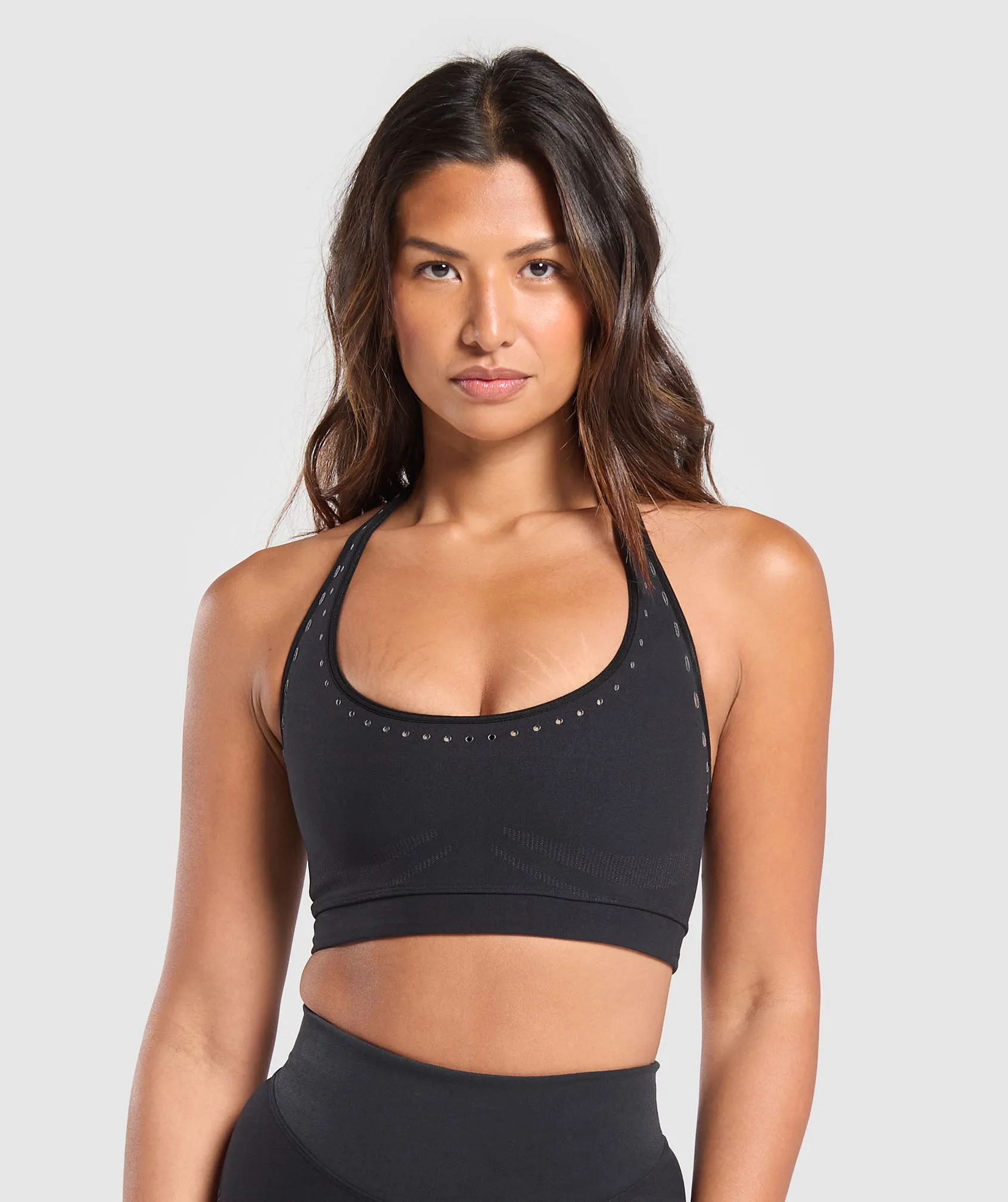 Gymshark Warp Knit Seamless Halerneck Bralette - Black/Linen Brown