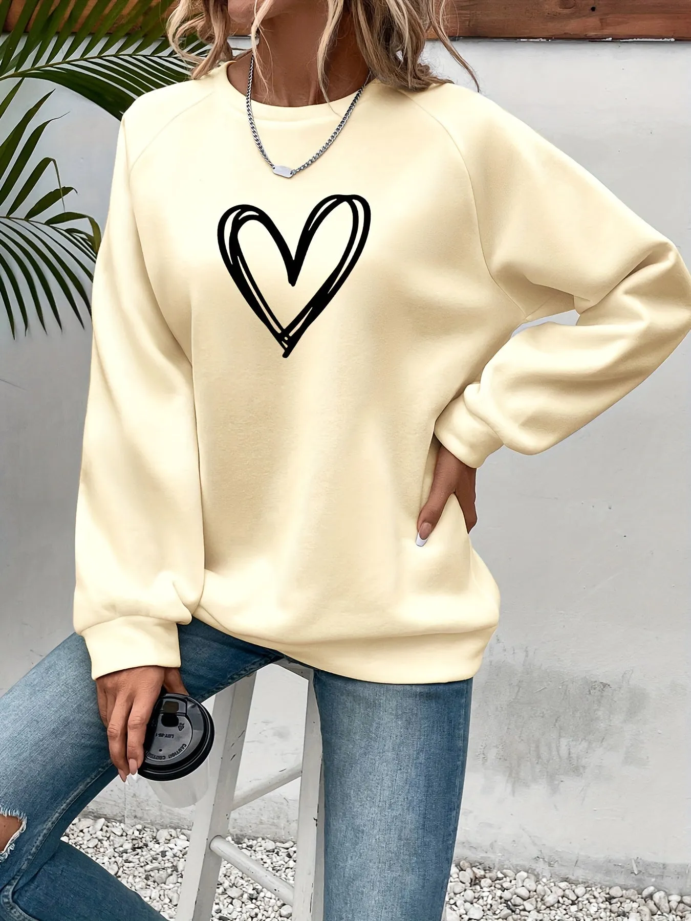 Heart Print Pullover Stylish Womens Sweatshirt for SpringFall