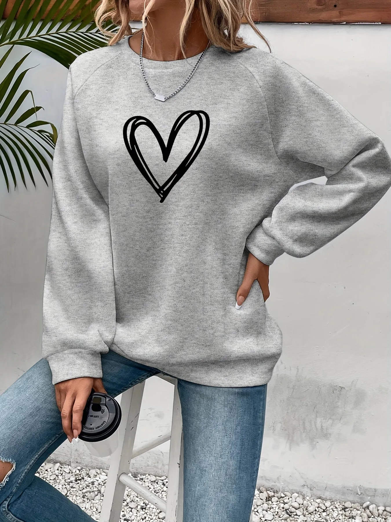 Heart Print Pullover Stylish Womens Sweatshirt for SpringFall