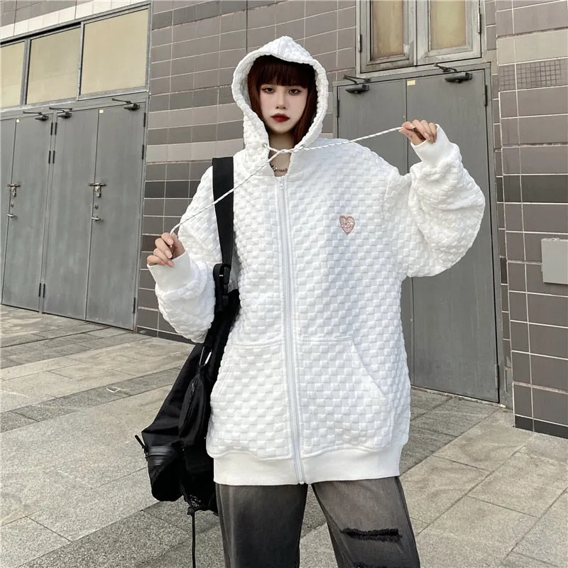 Loose Women Hoodies Autumn New  Pockets White Oversize Coats Harajuku Fashion Zipper Fall Streetwear Sweatshirt Tops