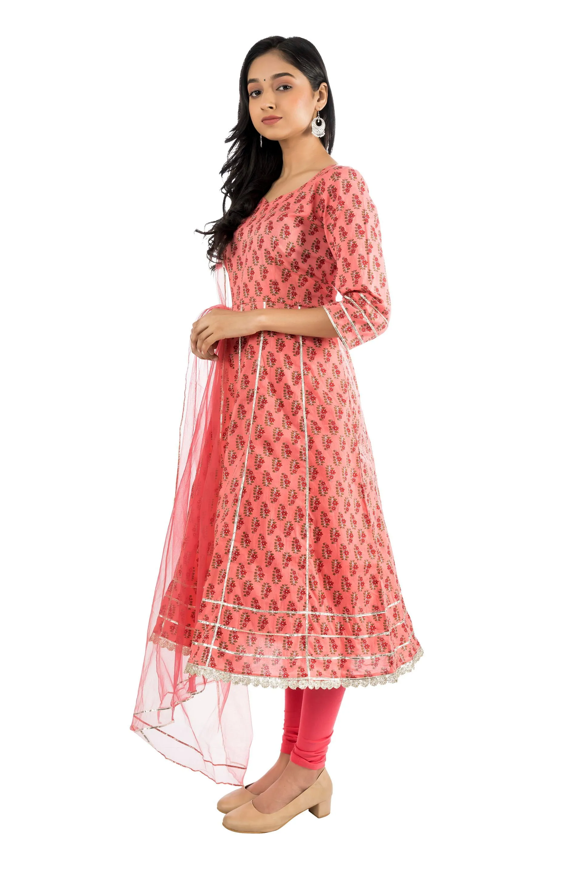 Printed cotton anarkali suit set with dupatta