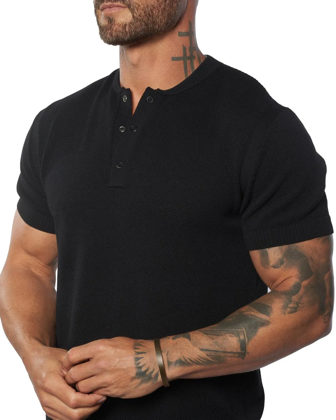 SS Mandarin Collar Knit Henley [FITTED]