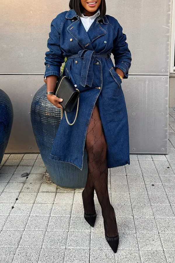 Stylish Waist Cinching Long Sleeve Denim Trench Coat