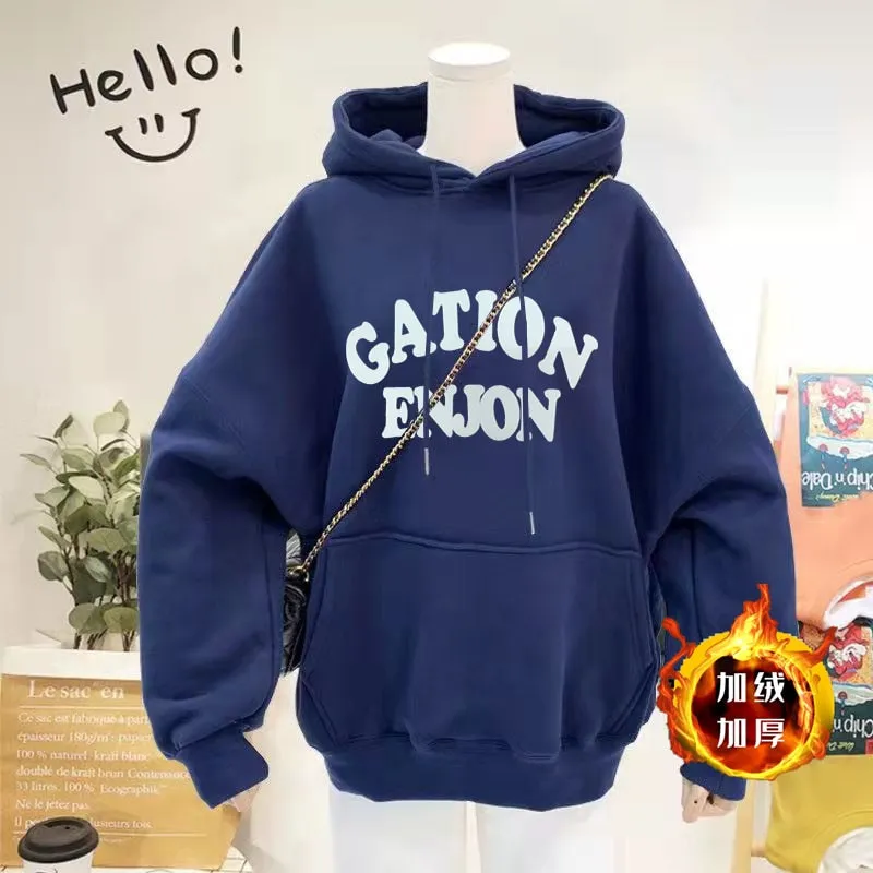 Thick Women Hoodies Winter Pullover Korean Loose Hooded Sweatshirt Warm Fashion Letter Casual Female Pocket Coat