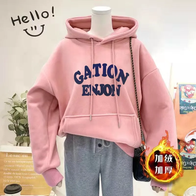 Thick Women Hoodies Winter Pullover Korean Loose Hooded Sweatshirt Warm Fashion Letter Casual Female Pocket Coat