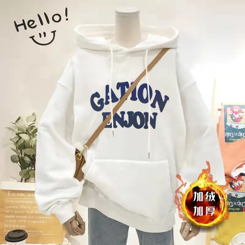 Thick Women Hoodies Winter Pullover Korean Loose Hooded Sweatshirt Warm Fashion Letter Casual Female Pocket Coat