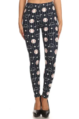 Women's 3X 5X Baseball Ball & Cap Pattern Printed Leggings