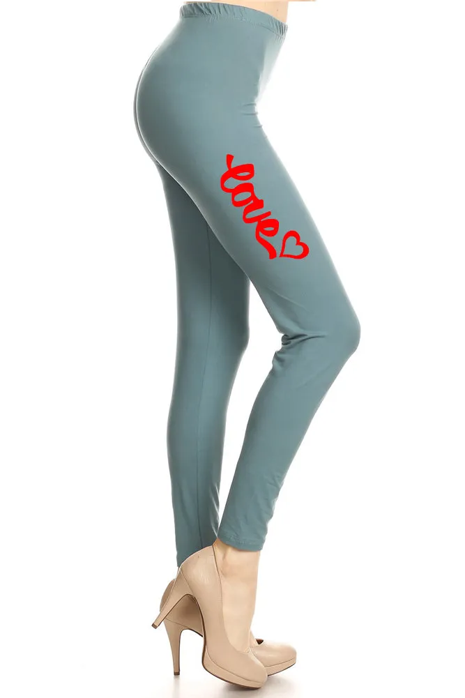 Women's Love with Heart Unique Cursive Design Printed Leggings for Regular Plus 3X5X