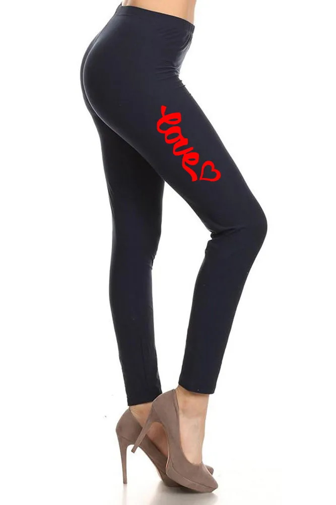 Women's Love with Heart Unique Cursive Design Printed Leggings for Regular Plus 3X5X