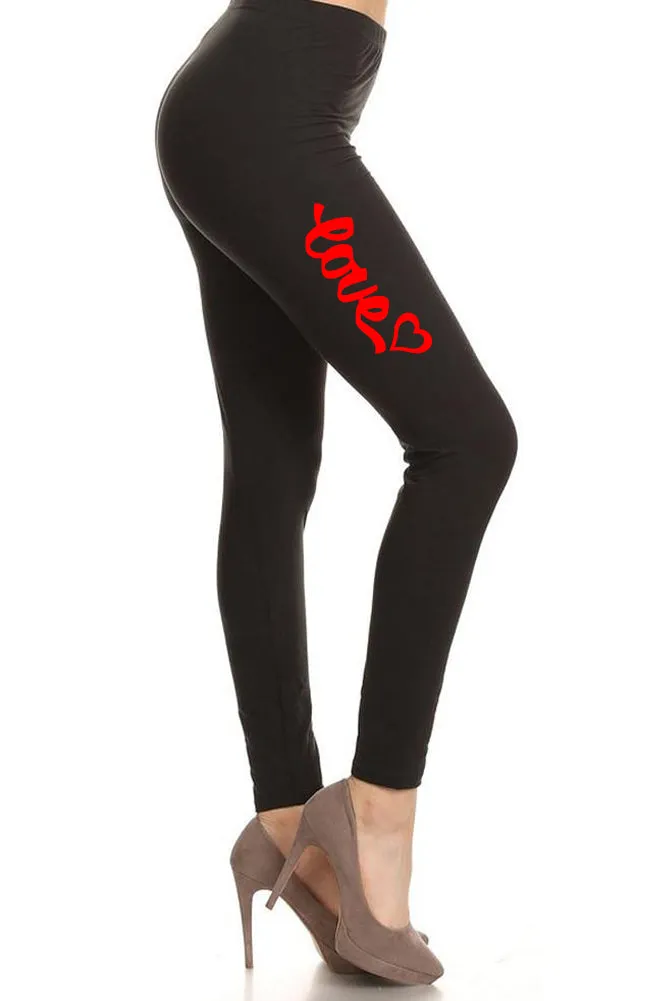 Women's Love with Heart Unique Cursive Design Printed Leggings for Regular Plus 3X5X