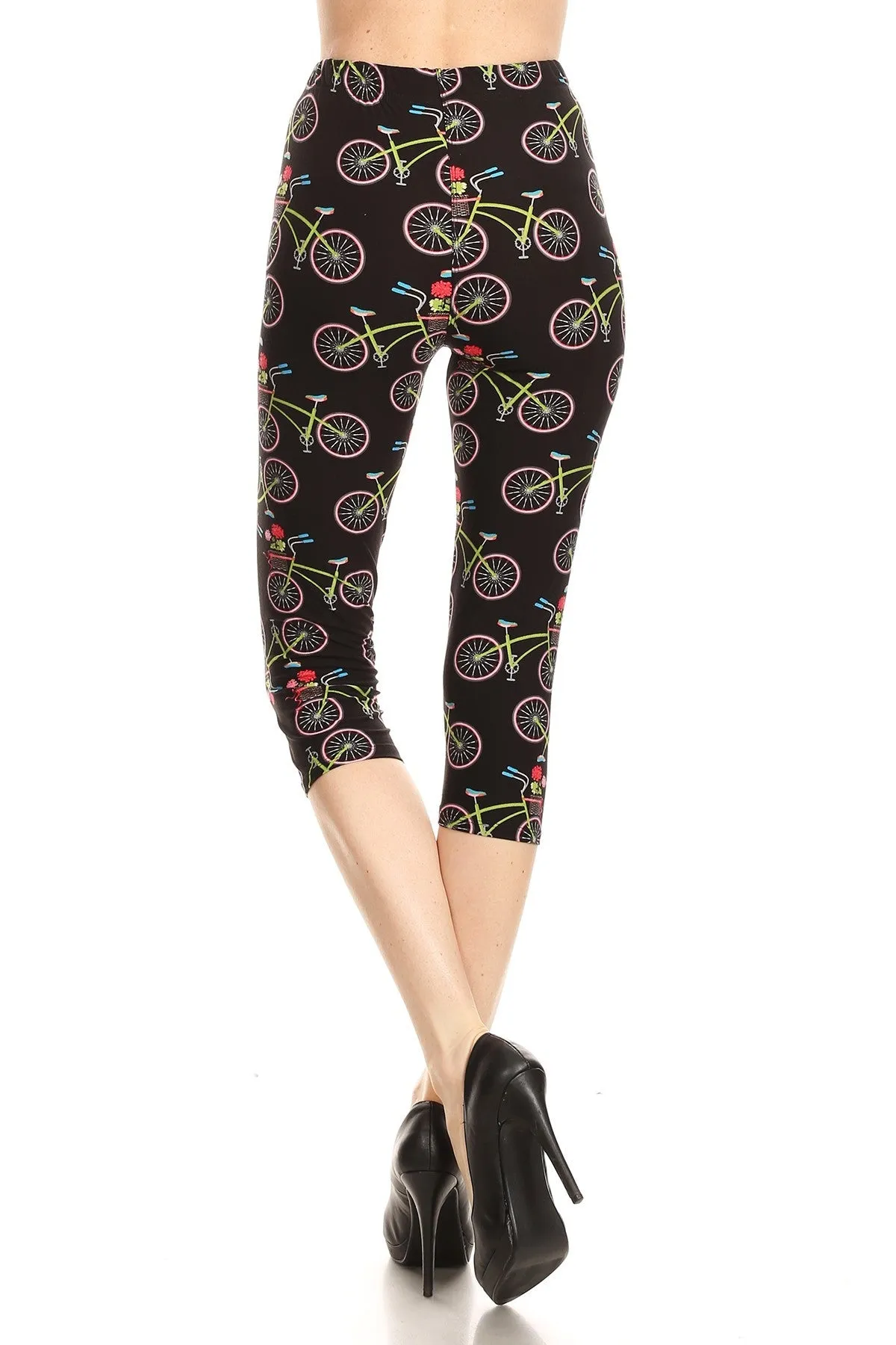 Women's Plus colorful Bicycle Flower Printed Cropped Capri Leggings