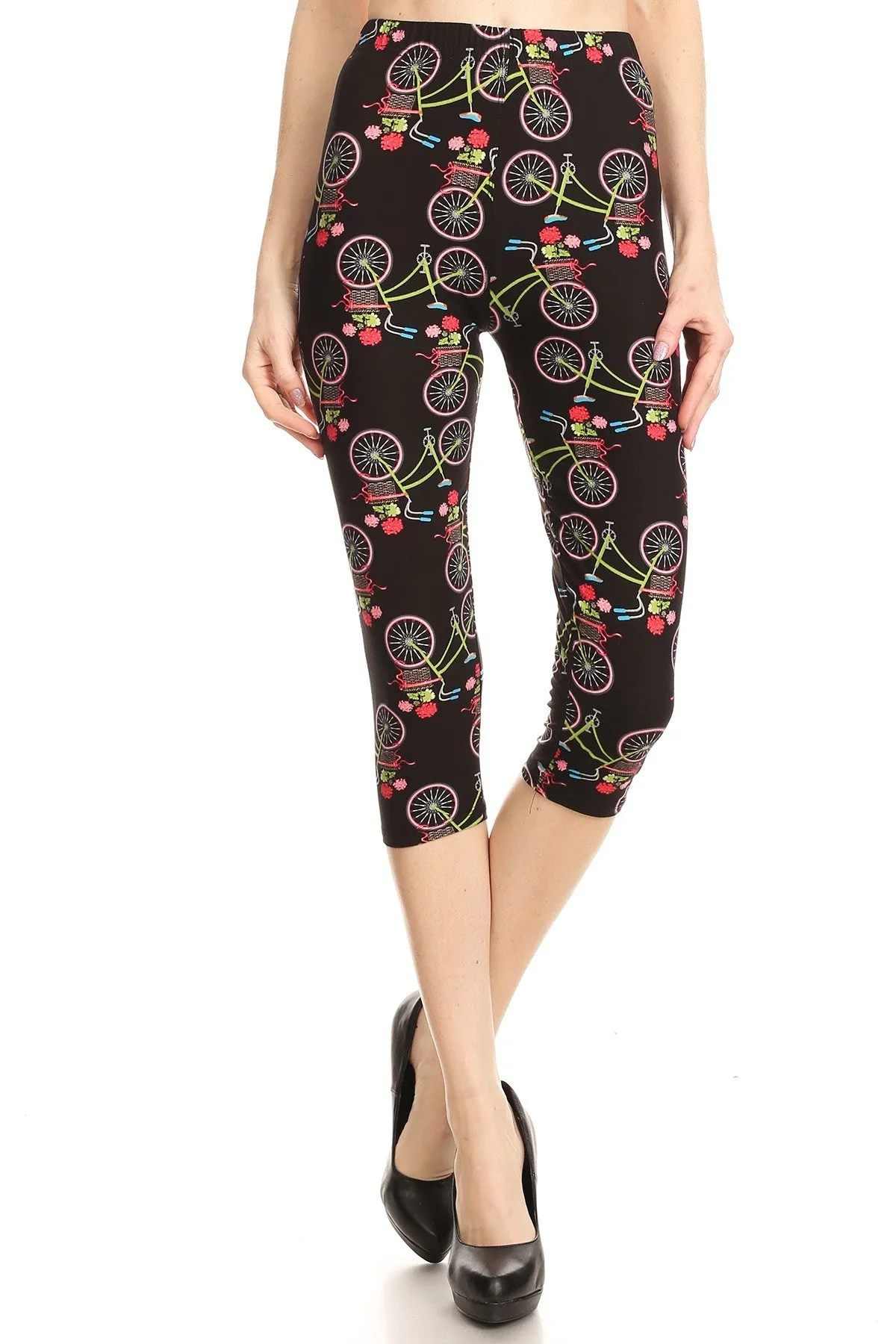 Women's Plus colorful Bicycle Flower Printed Cropped Capri Leggings