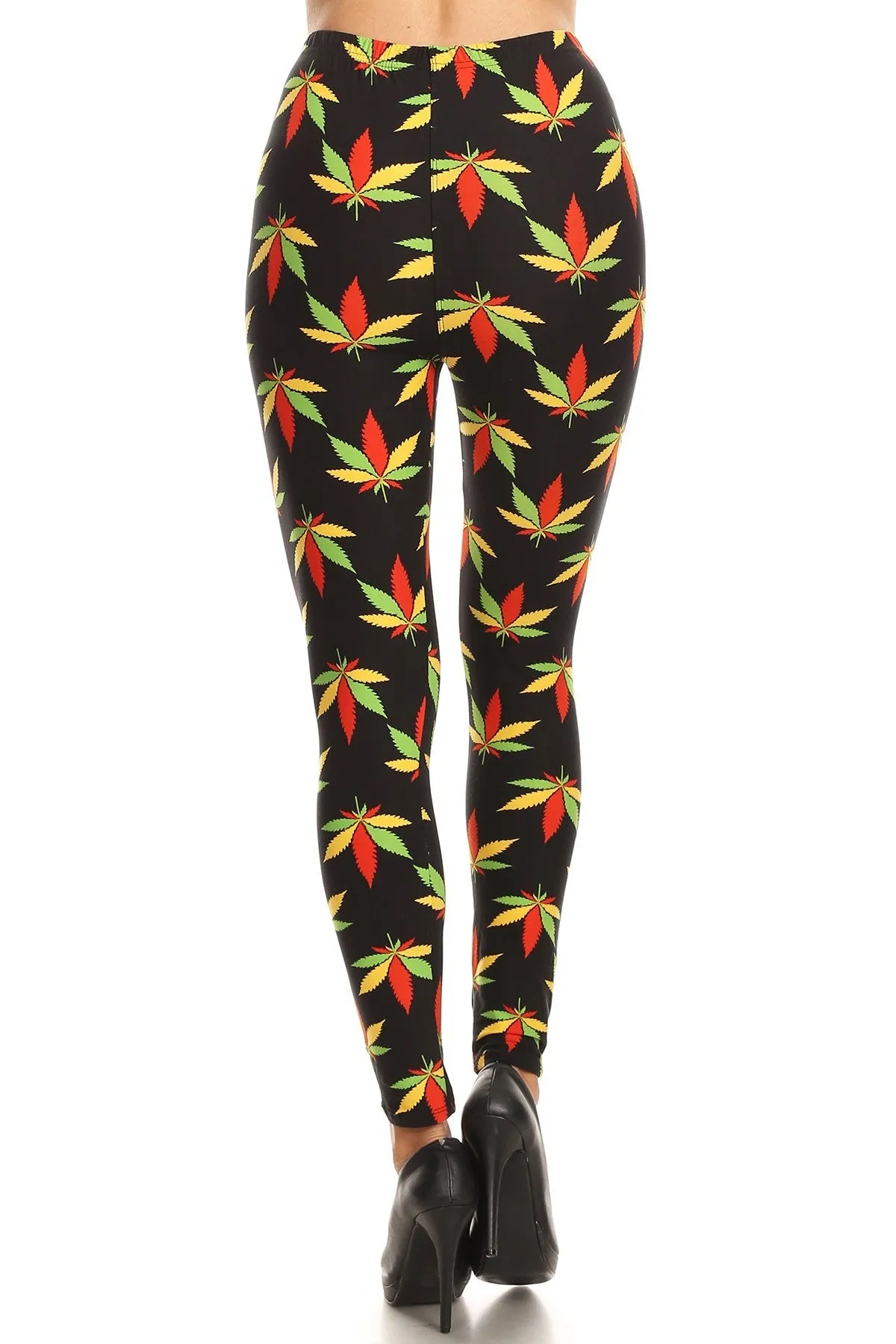 Women's Plus Colorful Leaf Plant Pattern Printed Leggings - Red Green