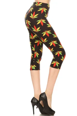 Women's Plus Colorful Leaf Plant Printed Cropped Capri Leggings