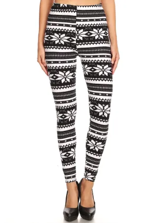 Women's Regular B&W Big Petal Fair Isle Pattern Printed Leggings