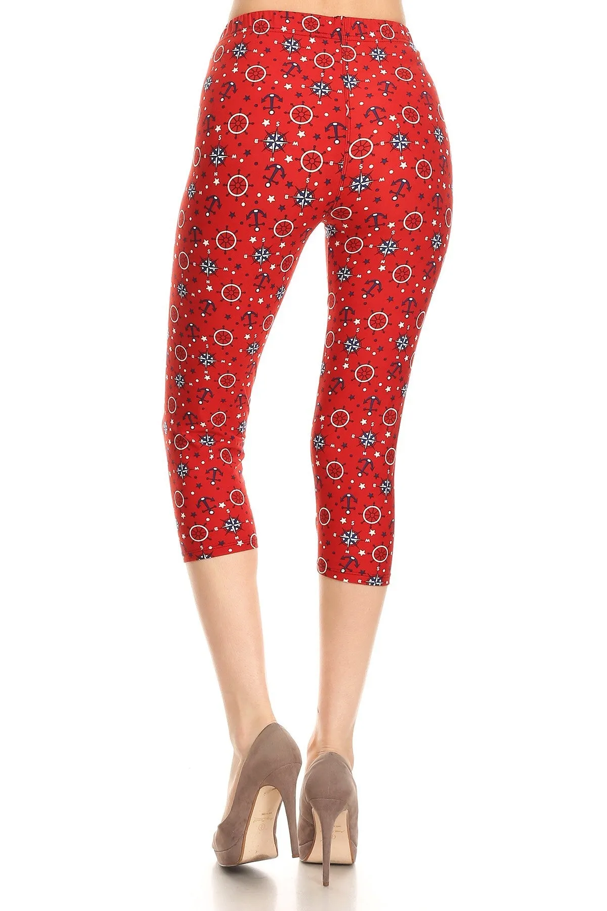 Women's Regular colorful Anchor Compass Printed Cropped Capri Leggings