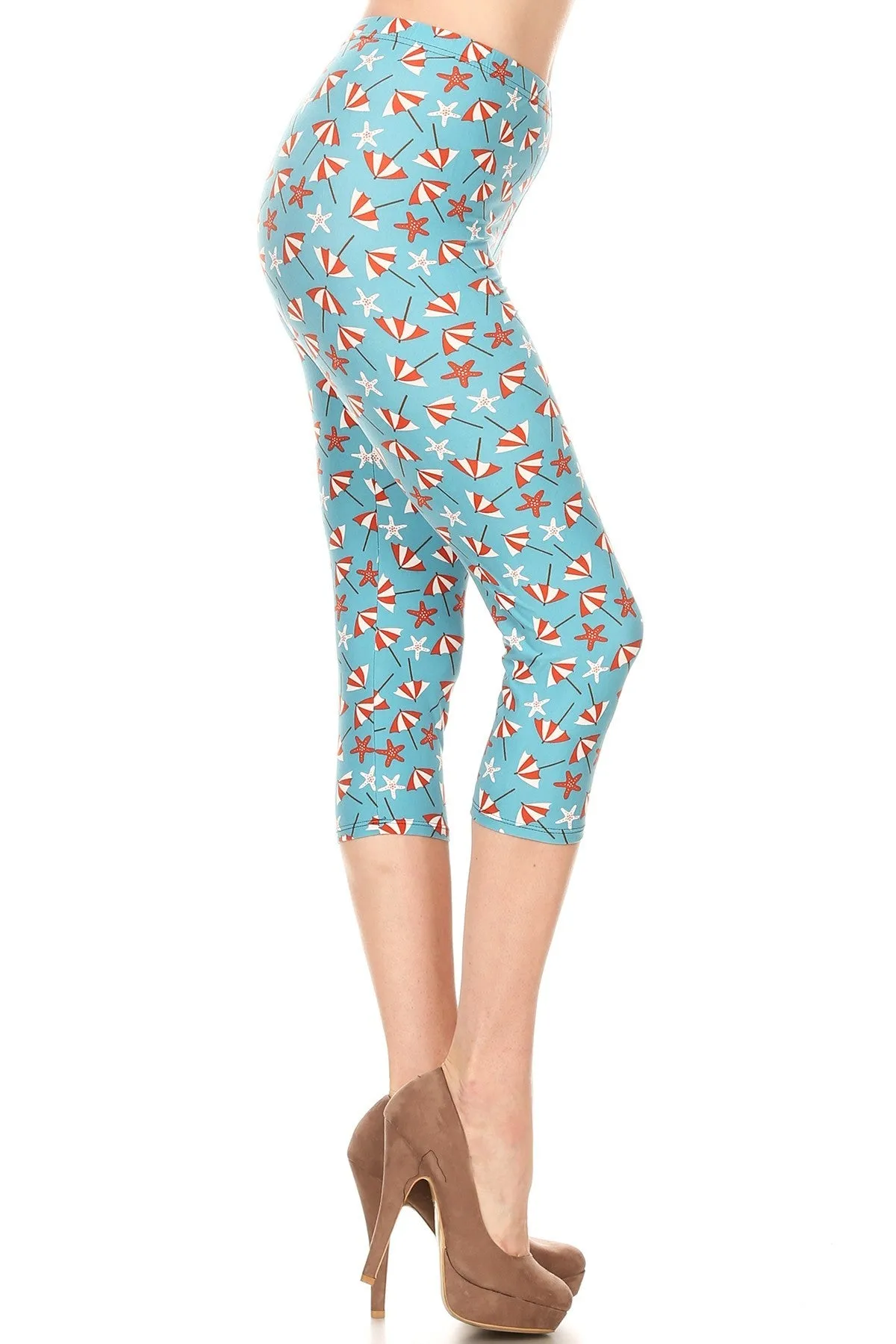 Women's Regular colorful Beach Umbrella Starfish Printed Cropped Capri Leggings