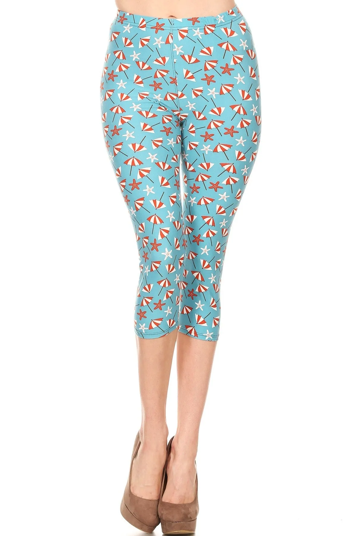 Women's Regular colorful Beach Umbrella Starfish Printed Cropped Capri Leggings