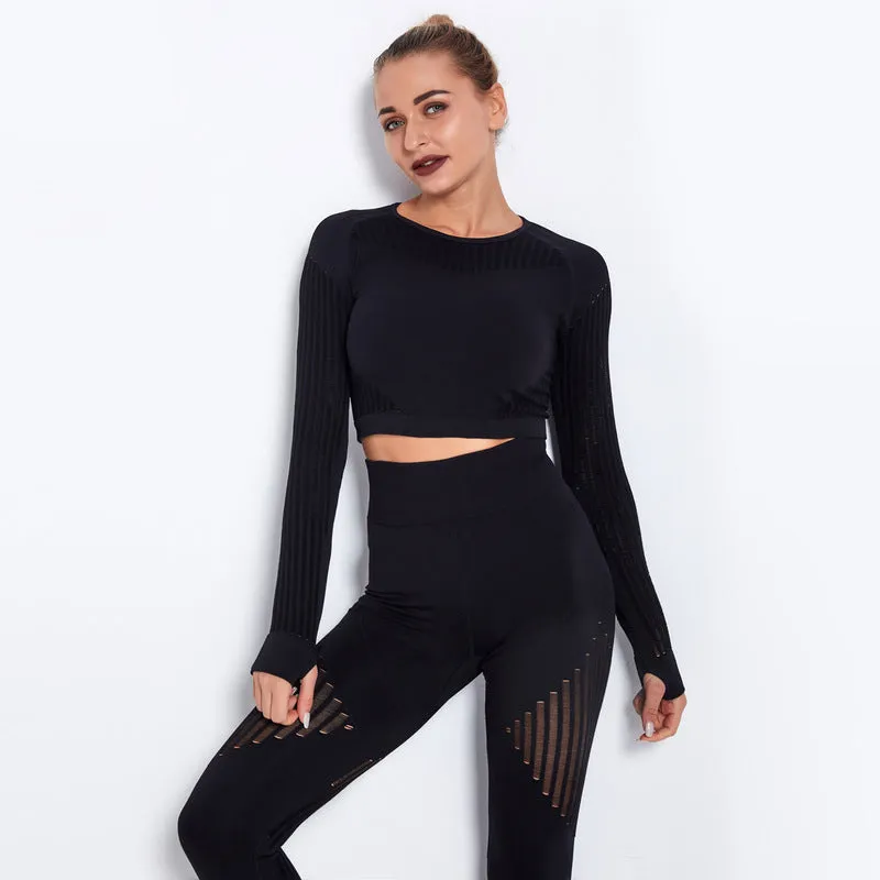 Yogadept hollow out Mesh Breathable Crop Tanks-Long Sleeves